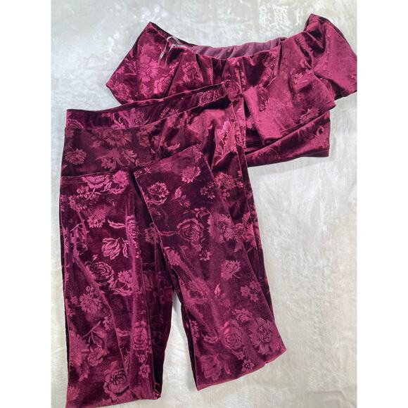 Vintage Womans Dead Stock Y2k Wine Velour Off the Shoulder Crop Top Pant Set L - Picture 13 of 16